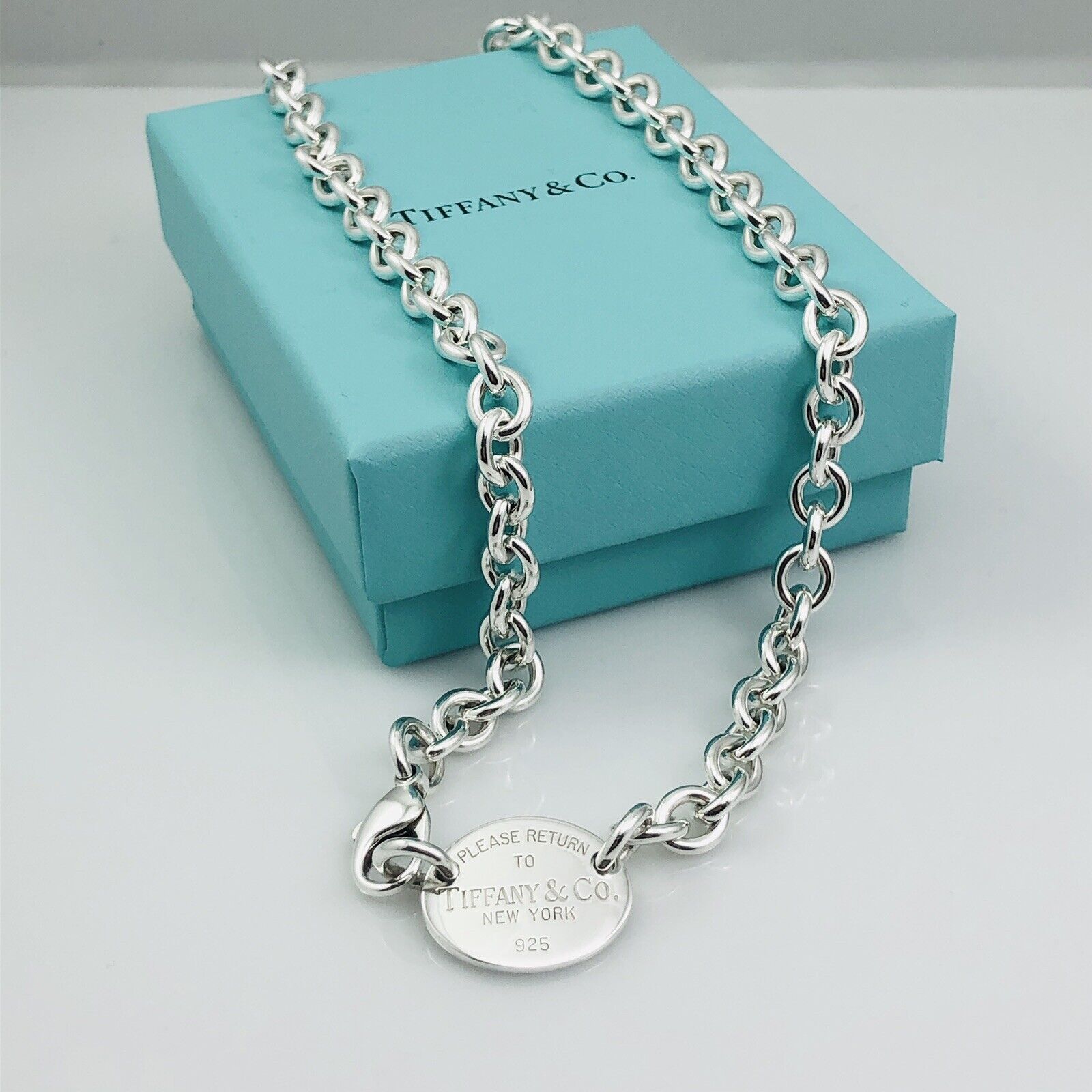 TiffanyNecklace 15.5" Return To Tiffany Oval Tag Choker Pendant Necklace in Sterling Silver