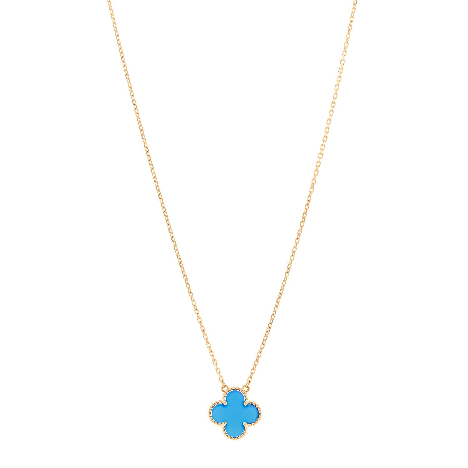 18K Yellow Gold Blue Agate Vintage Alhambra Pendant Necklace