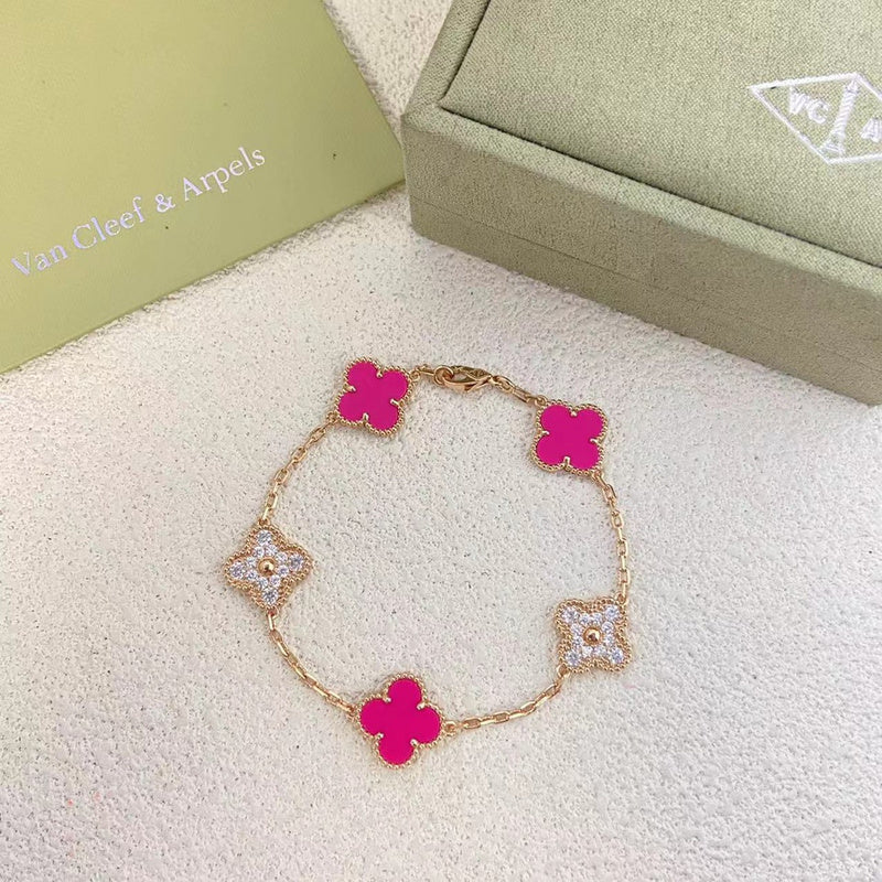 Van Cleef & Arpels  New Five Flower Diamond Rose Red Bracelet Jewelry