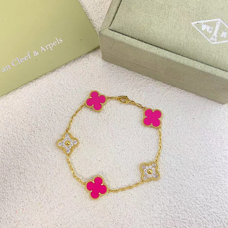 Van Cleef & Arpels  New Five Flower Diamond Rose Red Bracelet Jewelry