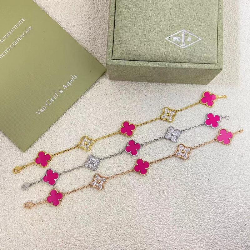 Van Cleef & Arpels  New Five Flower Diamond Rose Red Bracelet Jewelry